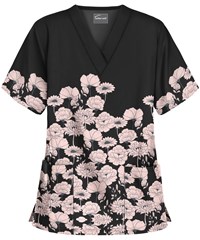 Butter-Soft Mer De Fleurs Black Printed Women's 2-Pocket V-Neck Scrub Top