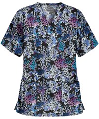 Butter-Soft Coral Reef Black Printed Women's 2-Pocket V-Neck Scrub Top