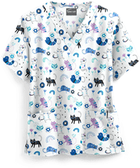 Butter-Soft Cheerful Kittens Women's 2-Pocket V-Neck Print Scrub Top