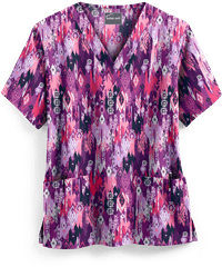 Butter-Soft Festive Ikat Eggplant Women's 2-Pocket V-Neck Print Scrub Top