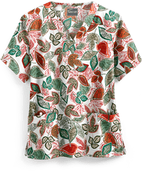 Butter-Soft Filigree Leaves Juniper Breeze Women's 2-Pocket V-Neck Print Scrub Top