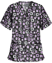 Butter-Soft Funky Geometric Black Printed Women's 2-Pocket V-Neck Scrub Top