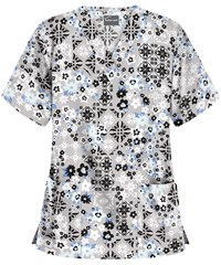 Butter-Soft Mosaic Floral Silver Women's 2-Pocket V-Neck Print Scrub Top