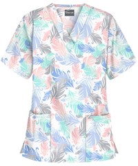 UA Buttersoft Feather Breeze White Women's 2-Pocket V-Neck Print Scrub Top