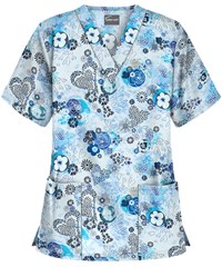 Butter-Soft Garden of Love Cloud Blue Women's 2-Pocket V-Neck Print Scrub Top