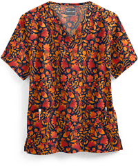 Butter-Soft Harvest Leaves Navy Women's 2-Pocket V-Neck Print Scrub Top