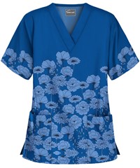 Butter-Soft Mer De Fleurs Royal Women's 2-Pocket V-Neck Print Scrub Top