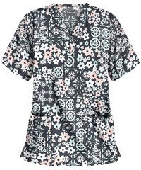 Butter-Soft Mosaic Floral Pewter Women's 2-Pocket V-Neck Print Scrub Top