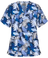 Butter-Soft Feather Breeze Navy Women's 2-Pocket V-Neck Print Scrub Top