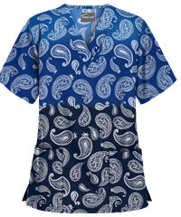 Butter-Soft Paisley Gradient Navy Women's 2-Pocket V-Neck Print Scrub Top