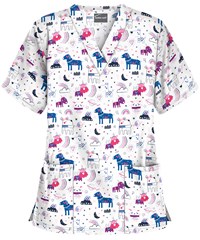 Butter-Soft Puppicorn Play White Printed Women's 2-Pocket V-Neck Scrub Top
