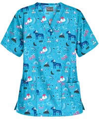 UA Buttersoft Puppicorn Play Turquoise Women's 2-Pocket V-Neck Print Scrub Top