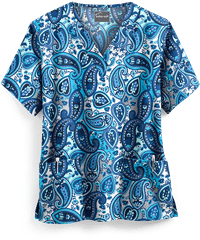 Butter-Soft Paisley Wonder Aqua Moon Women's 2-Pocket V-Neck Print Scrub Top
