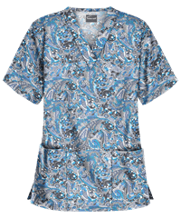 Butter-Soft Paisley Whisper Pewter Women's 2-Pocket V-Neck Print Scrub Top