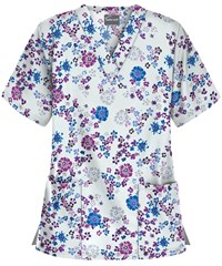 Butter-Soft Romanov Floral White Printed Women's 2-Pocket V-Neck Scrub Top