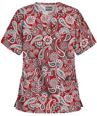 Butter-Soft Passion for Paisley Red Women's 2-Pocket V-Neck Print Scrub Top