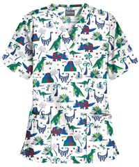 UA Buttersoft Dino Mite Silver Women's 2-Pocket V-Neck Print Scrub Top