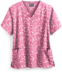 Butter-Soft Tonal Damask Ballet Pink Women's 2-Pocket V-Neck Print Scrub Top