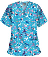 UA Buttersoft Unicorn Adventure Turquoise Women's 2-Pocket V-Neck Print Scrub Top