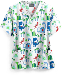 Butter-Soft Dino Friends Women's 2-Pocket V-Neck Print Scrub Top