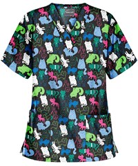 Butter-Soft Whimsical Kittens Black Printed Women's 2-Pocket V-Neck Scrub Top