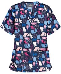 Butter-Soft Whimsical Kittens Navy Women's 2-Pocket V-Neck Print Scrub Top