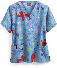 Butter-Soft Watercolor Pups Ceil Women's 2-Pocket V-Neck Print Scrub Top