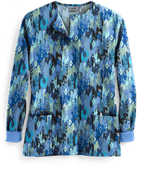 Butter-Soft Festive Ikat Black Printed Women's 2-Pocket Warm Up Scrub Jacket