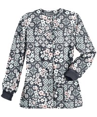 Butter-Soft Mosaic Floral Pewter Women's 2-Pocket Warm Up Print Scrub Jacket