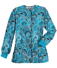 Butter-Soft Passion For Paisley Turquoise Women's 2-Pocket Warm Up Print Scrub Jacket