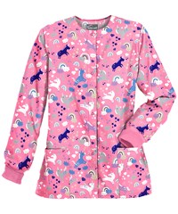 Butter-Soft Unicorn Adventure Ballet Pink Women's 2-Pocket Warm Up Print Scrub Jacket