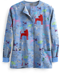 Butter-Soft Watercolor Pups Ceil Women's 2-Pocket Warm Up Print Scrub Jacket