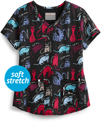 Skechers Essence Catitude Black Women's 3-Pocket V-Neck Print Scrub Top