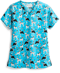 Tasha & Me Bow Wow Brew Women's 2-Pocket V-Neck Print Scrub Top