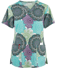 Tasha & Me Mandalas Women's 2-Pocket V-Neck Print Scrub Top