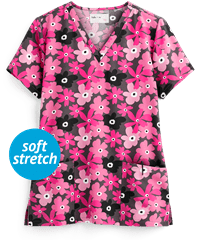 Tasha and Me Posie Pop Women's 2-Pocket V-Neck Print Scrub Top