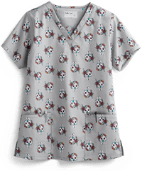Tasha & Me Sugar Skulls Women's 2-Pocket V-Neck Print Scrub Top