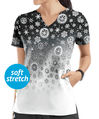  Butter-Soft Winter Horizon Black Printed Women's 2-Pocket Scallop Neck Scrub Top