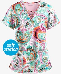 Easy STRETCH by Butter-Soft™ Charming Swirls Jade Mint Women's 4-Pocket V-Neck Print Scrub Top