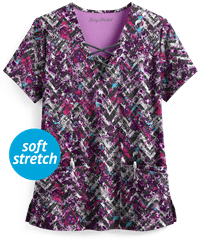 Easy STRETCH by Butter-Soft™ Distressed Chevron Eggplant Women's 4-Pocket V-Neck Print Scrub Top