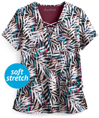 Easy STRETCH by Butter-Soft™ Falling Fronds Onyx Black Printed Women's 4-Pocket V-Neck Scrub Top