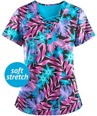 Easy STRETCH by Butter-Soft™ Floral Luau Black Printed Women's 4-Pocket Zipper Neck Scrub Top