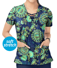 Easy STRETCH by Butter-Soft™ Neon Floral Women's 4-Pocket Lace-Up Print Scrub Top