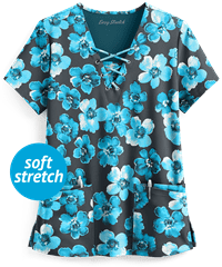 Easy STRETCH by Butter-Soft™ Blooming Petals Pewter Women's 4-Pocket Jewel Neck Print Scrub Top