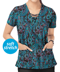 Easy STRETCH by Butter-Soft™ Paisley Twist Women's 4-Pocket Lace-Up Print Scrub Top