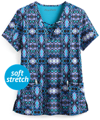 Easy STRETCH by Butter-Soft™ Whispering Ikat Onyx Black Printed Women's 4-Pocket V-Neck Scrub Top
