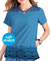 UA Butter-Soft STRETCH Tiled Motif Ceil Women's 2-Pocket Front Notch Print Scrub Top