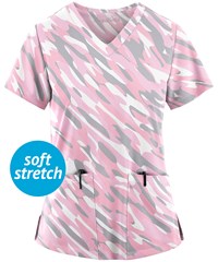 Easy STRETCH by Butter-Soft™ Camo Waves Pink Peony Women's 2-Pocket V-Neck Print Scrub Top