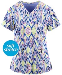 Easy STRETCH by Butter-Soft™ Enchanting Ikat White Printed Women's 2-Pocket V-Neck Scrub Top