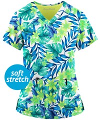 Easy STRETCH by Butter-Soft™ Floral Luau White Printed Women's 2-Pocket V-Neck Scrub Top